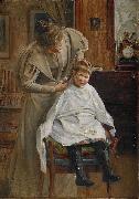 Robert Lundberg Mother cutting the hair oil painting